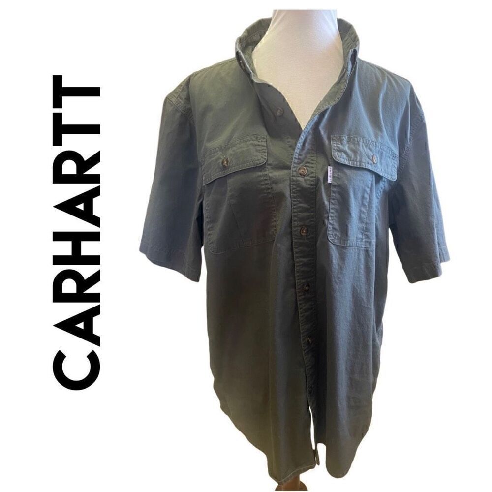 Carhartt Relaxed Fit Army Green Short Sleeve Cotton Shirt Size Large-EUC
